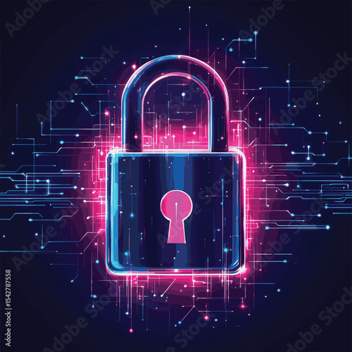 Closed Padlock on digital background, cyber security, vector style simple color