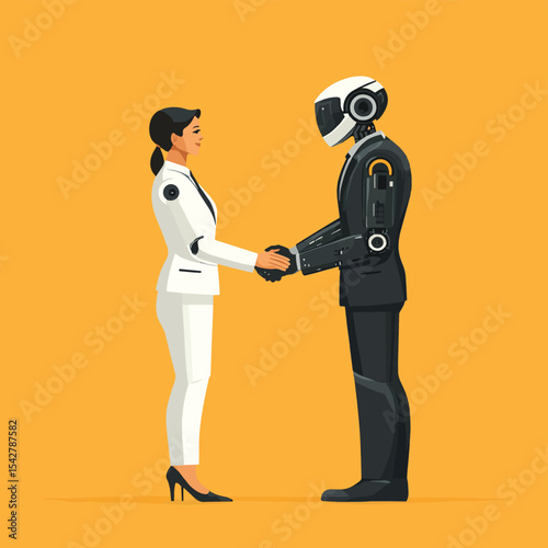 Robots and human collaboration. Business people team handshake with robotic mechanism, vector style simple color