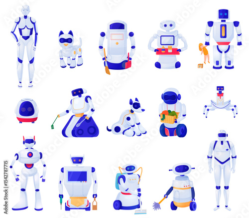 Set of artificial intelligence machines of various shape robots pets and household helpers isolated illustration.