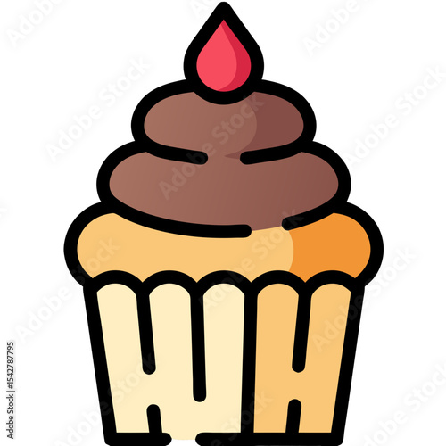 Stylized Cupcake with Dark Frosting and Red Topping Bold Outline.