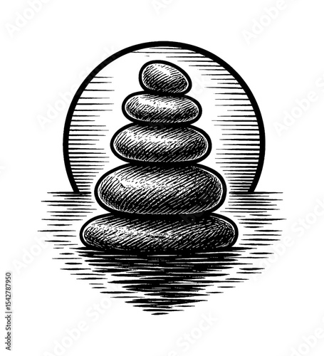 Zen Stones Stacked Engraving Style Illustration with Water Reflection in Black and White
