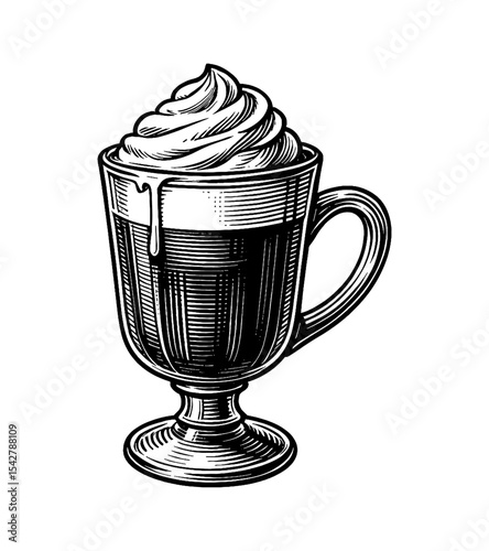 Engraved Style Illustration of Coffee Cup with Cream Topping on White Background