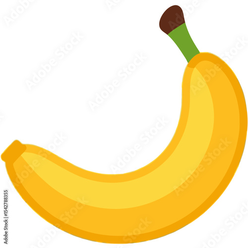 Vibrant Cartoon Banana with Green Stem and Brown Tip Curved Shape.