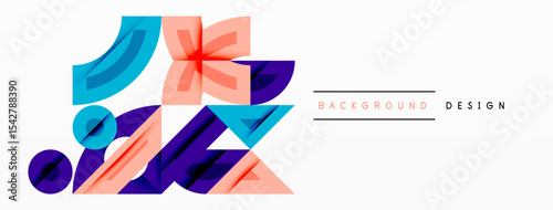 Abstract geometric shapes, vibrant colors, modern design elements. Composition features overlapping forms, clean lines, minimalist aesthetic.