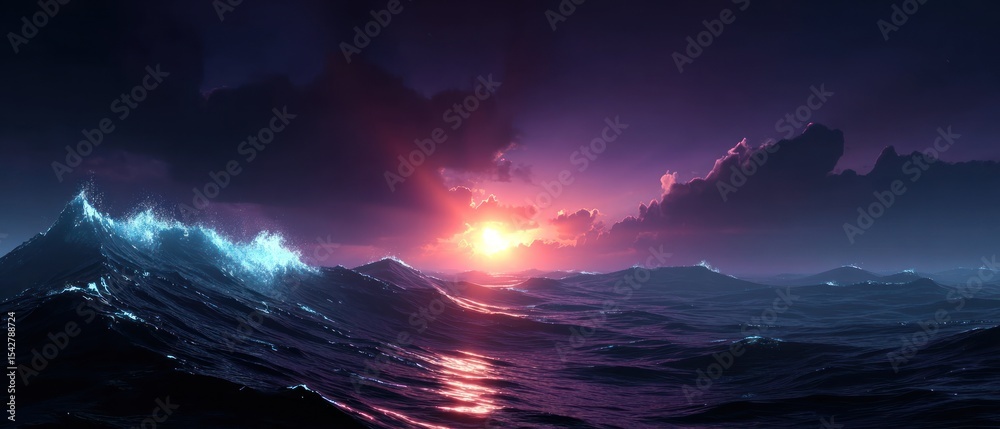 Fototapeta premium Dramatic, vibrant sunset over a stormy sea