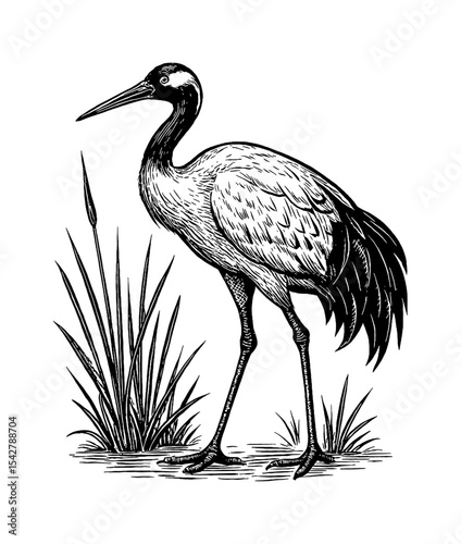 Black and white engrave illustration of a standing crane in the grass field