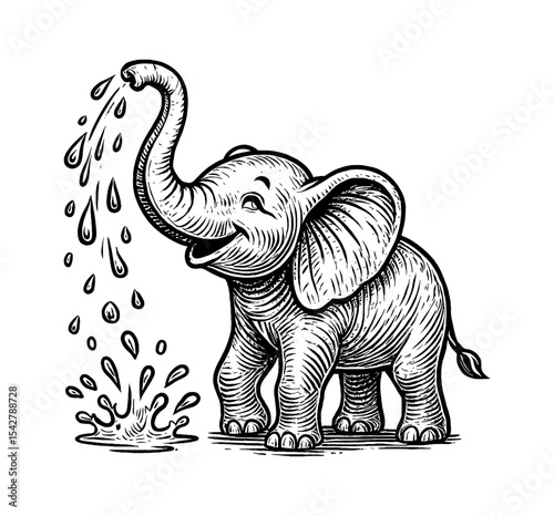 Smiling Elephant Sprays Water from Trunk in Detailed Black and White Engraving Art