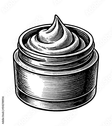 Engraving style illustration of a jar with cream on white background