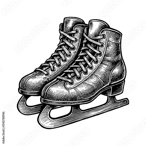 Engraved Illustration of Ice Skates with Laces and Blades on White Background