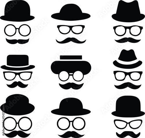 Mustache and Glasses with hat icon set. vector Illustration