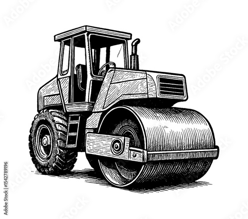 Detailed Black and White Illustration of a Road Roller Construction Vehicle
