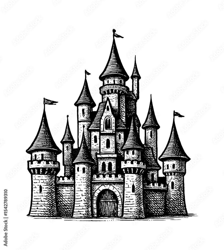 Fototapeta premium Detailed Engraving of a Medieval Castle with Turrets and Flags in Black and White
