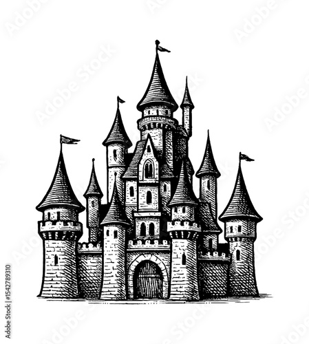 Detailed Engraving of a Medieval Castle with Turrets and Flags in Black and White