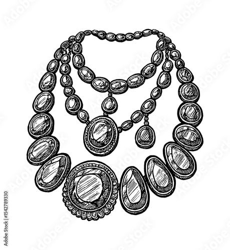 Hand Drawn Sketch of Elegant Gemstone Necklaces and Jewelries in Black and White