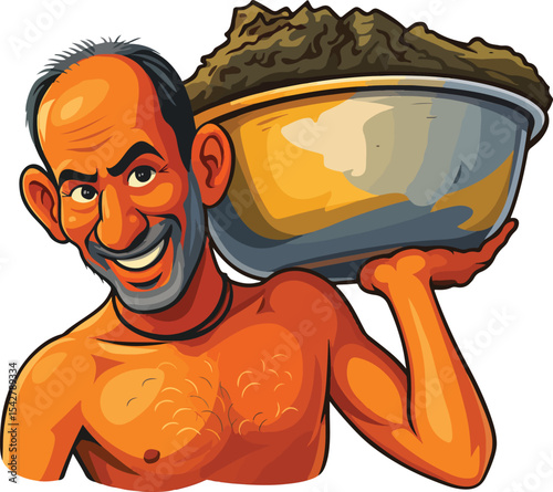 Rural man collecting clay in a steel vessel vector illustration
