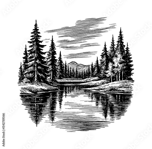 Engraved illustration of a serene lake surrounded by pine trees and distant mountains.