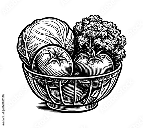 Engraved Basket with Cabbage Tomatoes and Broccoli Freshly Harvested Illustration
