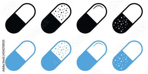 Capsule Icon Set – Realistic Vector Pills and Caplet Shapes for Web and Mobile UI, Vector illustration.   