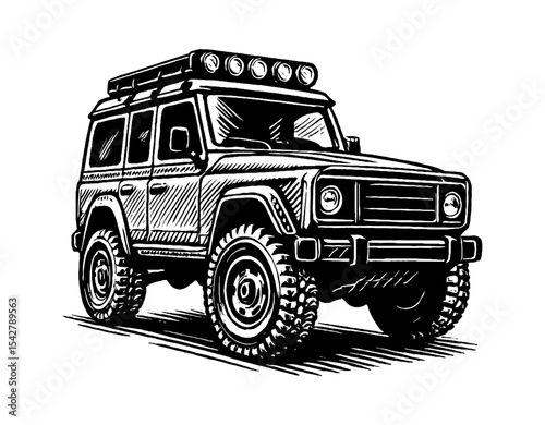 Illustration of a Black and White Off-Road Vehicle with Roof Rack and Lights