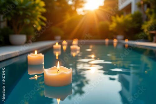 Luxury Poolside Scene with Floating Candles at Golden Hour Lighting for Real Estate Listings
