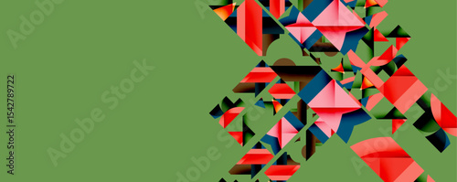 Abstract geometric shapes dominate right side. Green background provides contrast. Modern design, vibrant colors, angular forms present.