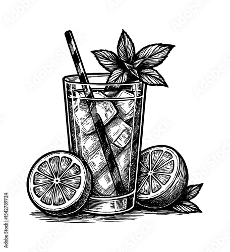 Engraved Illustration of a Glass with Ice, Straw, Mint and Two Orange Slices