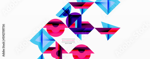 Abstract geometric shapes overlap, creating vibrant colorful background. Modern design utilizes gradients, textures, dynamic composition.