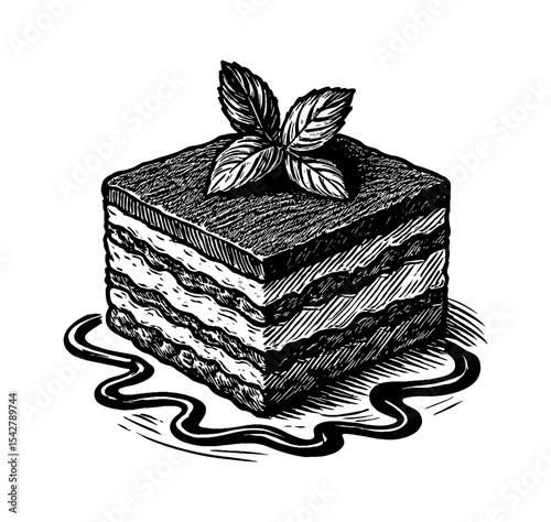 Detailed Engraved Illustration of Tiramisu Dessert with Cocoa Powder and Basil Leaves