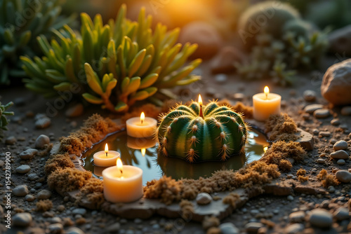Serene Desert Spa Setting with Candlelit Cactus and Tranquil Natural Lighting