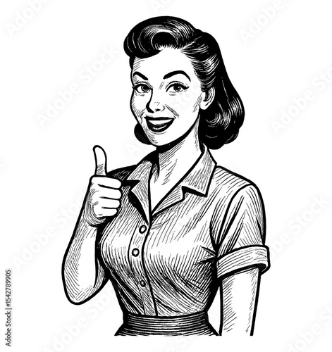 Cheerful Woman Giving Thumbs Up with Smile in Detailed Black and White Engraving Line Art