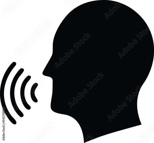 Speaking icon vector. Talk person sign or symbol , man with open mouth and sound wave , Voice command, Voice recognition, speech icon for interact, interview, talk controls, isolated on white
