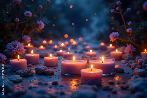 Serene Floating Candles Creating a Quantum Wellness Atmosphere in a Dimensional Space