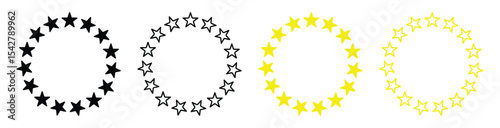 Golden Star Icons – Circular Yellow Star Emblems Isolated on White BackgroundVector illustration.