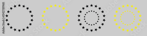 Golden Star Icons – Circular Yellow Star Emblems Isolated on White BackgroundVector illustration.
