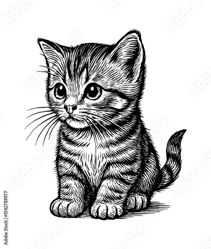 Engraved illustration of a cute kitten sitting and looking ahead with adorable expression