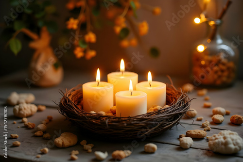Cozy Nest of Candles for Wellness and Transition in Soft Lighting with Organic Decor