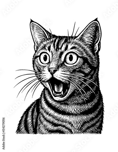 Surprised Cat Illustration with Open Mouth and Wide Eyes in Black and White Engraving Style