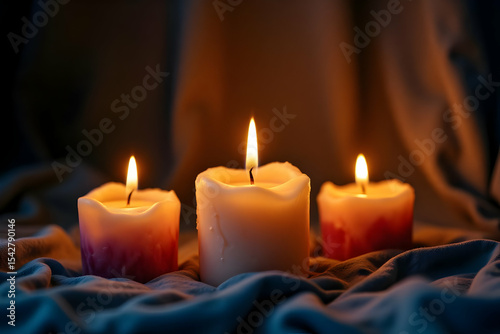 Tranquil Candles on Soft Fabric Creating a Calming Atmosphere for Wellness and Healing