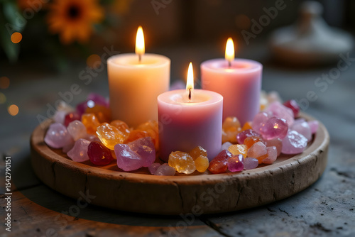 Tranquil Scene with Candles and Colorful Gemstones for Healing and Wellness Practices