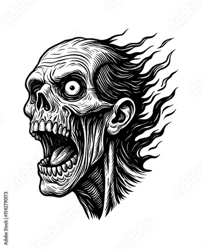 Screaming Zombie Head Black and White Engraving Style Illustration with Open Mouth