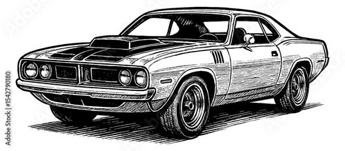Detailed Black and White Illustration of a Classic Muscle Car with Racing Stripes