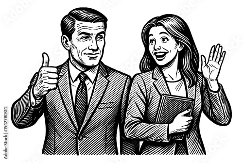 Business People, Man Giving Thumb Up and Woman Waving Hand in Black and White Illustration