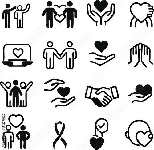 generous and sympathize icon set in thin line style, care, Friendship and love, Mutual understanding and handshake, responsibility, vector illustration