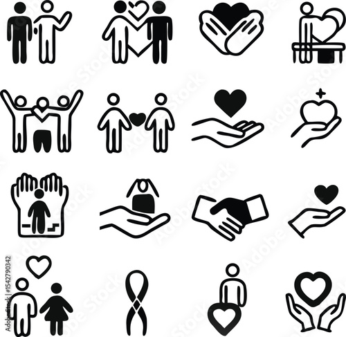 generous and sympathize icon set in thin line style, care, Friendship and love, Mutual understanding and handshake, responsibility, vector illustration