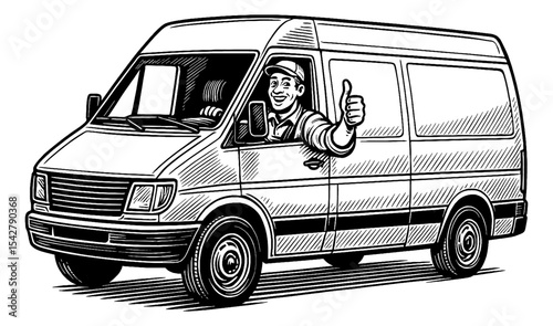 Happy Man Driving White Van Giving Thumbs Up with Smiling Face Black and White Detailed Drawing