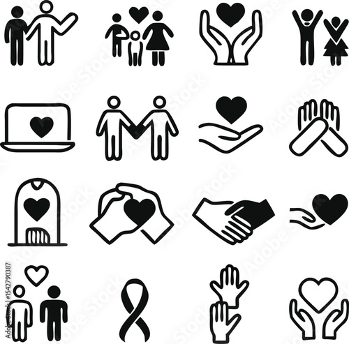 generous and sympathize icon set in thin line style, care, Friendship and love, Mutual understanding and handshake, responsibility, vector illustration