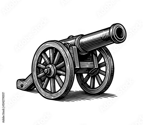 Vintage Style Illustration of a Black Cannon with Detailed Engraved Lines in Side View on White Background