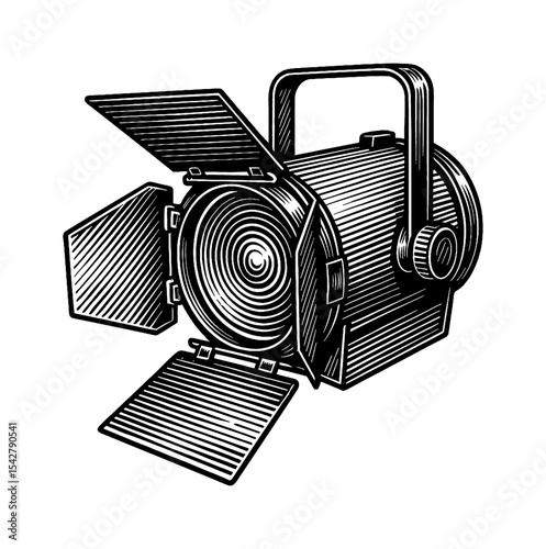 Vintage Style Stage Light Engraving with Open Shutters and Detailed Lines in Black and White