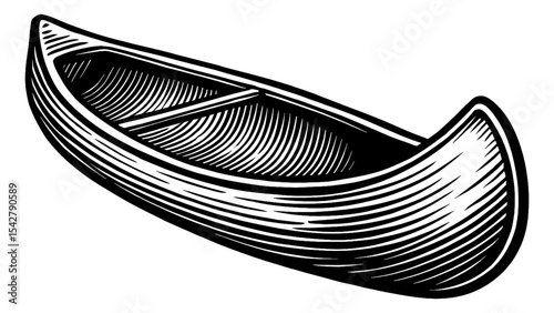 Illustration of a Canoe with Detailed Engraved Line Art in Black and White Isolated