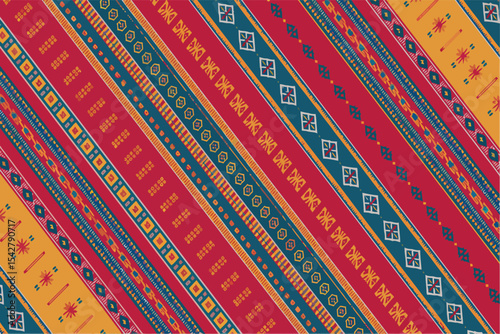 A traditional Yakan textile pattern from the Philippines, featuring colorful, intricate geometric motifs and symmetrical bands in vibrant hues, indigenous craftsmanship